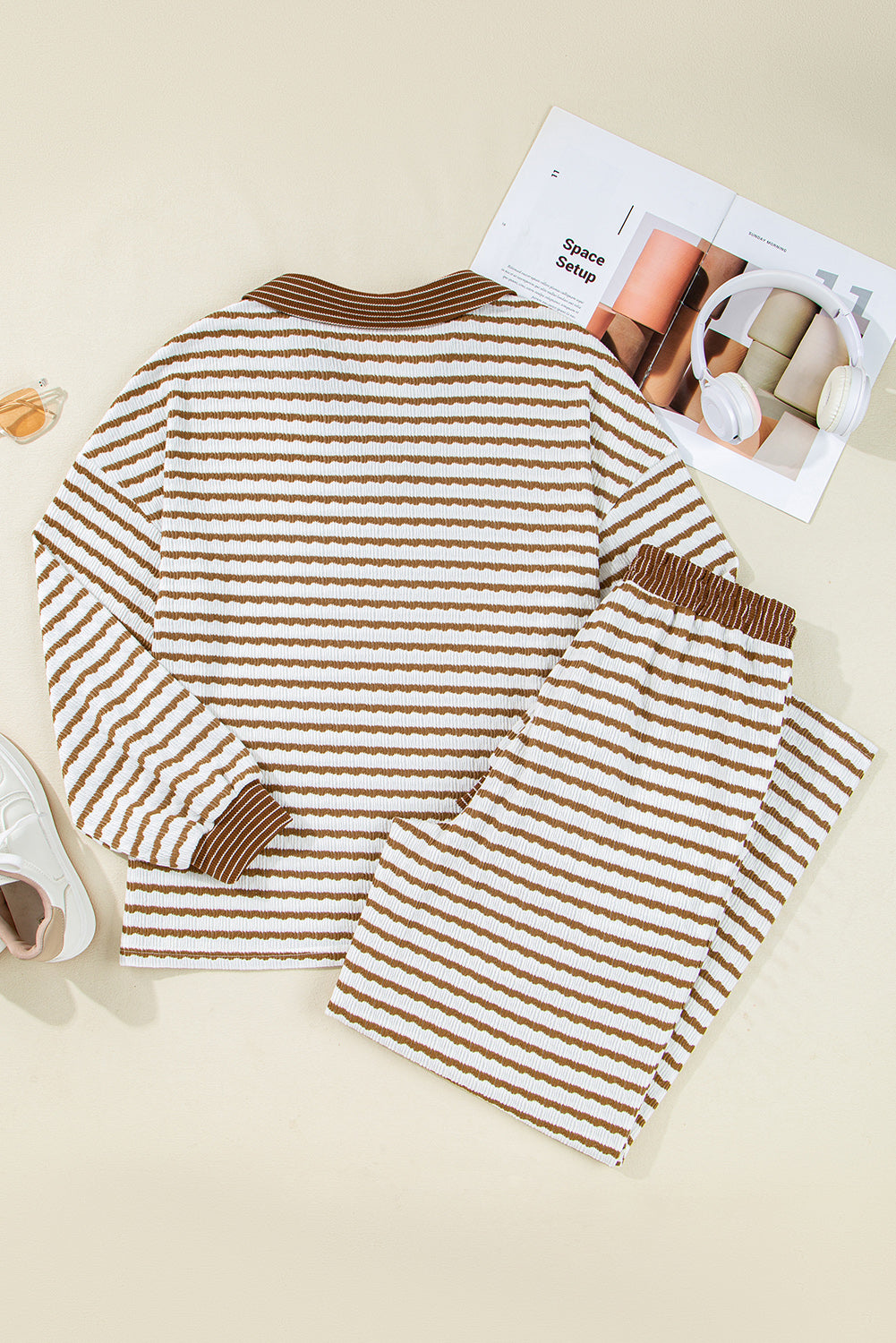 White Stripe Textured Collared Pullover Top and Drawstring Pants Set