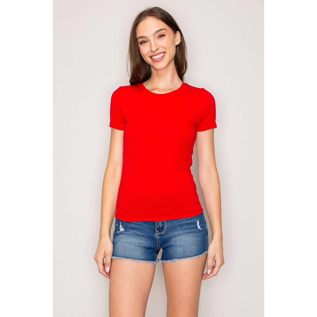 Timeless Short Sleeve Ribbed Tee with Classic Crew Neck in Rayon.