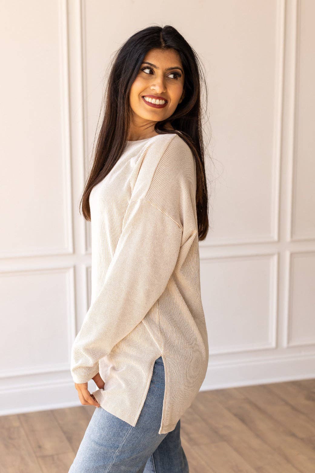 Pure Sweetness Beige Ribbed Long-sleeve Top