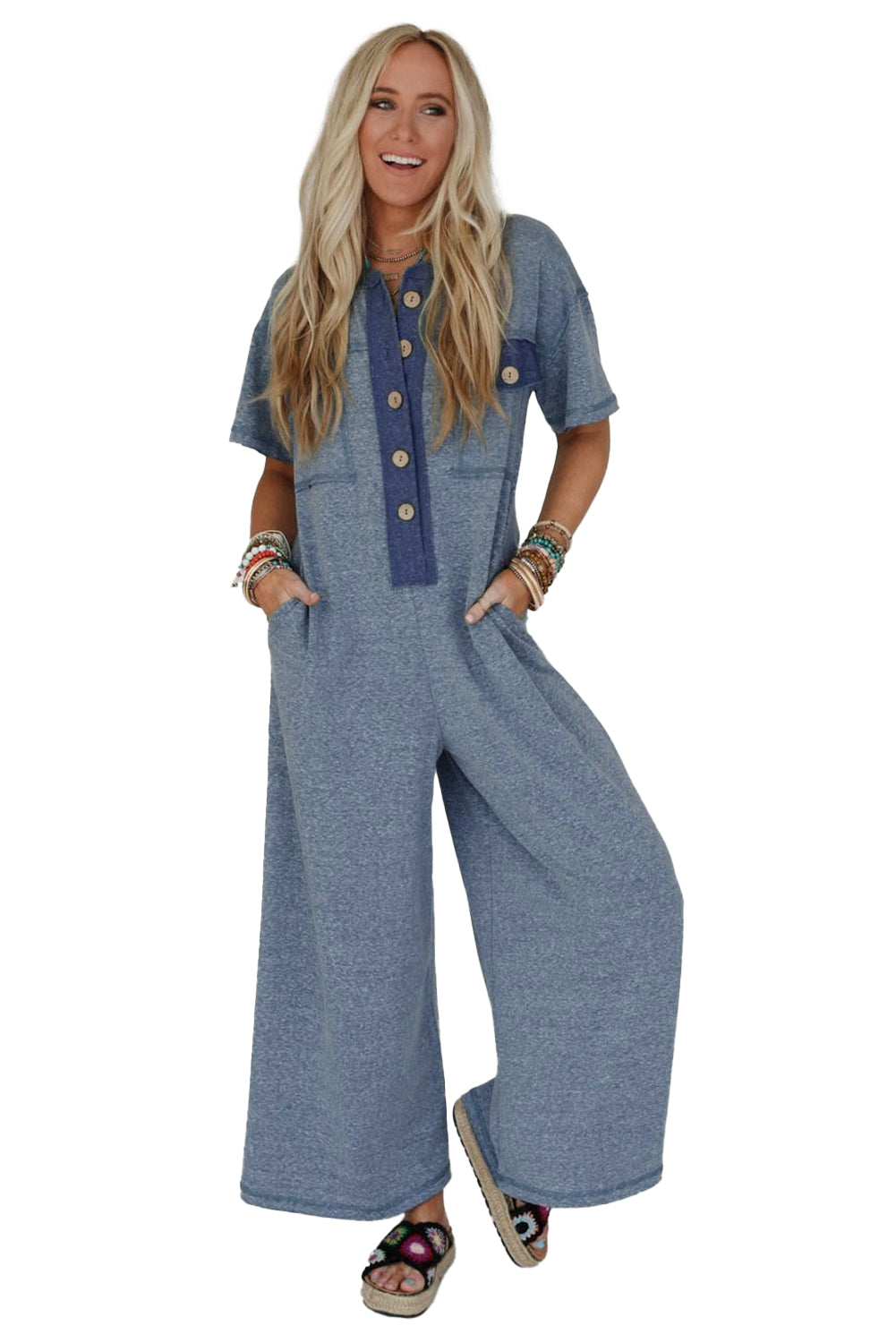Beau Blue Patchwork Pocket Short Sleeve Jumpsuit
