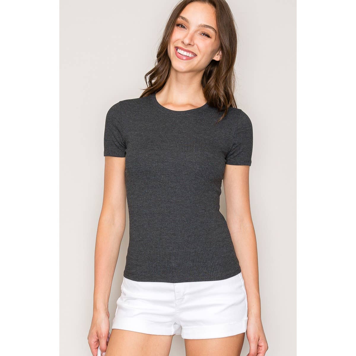 Timeless Short Sleeve Ribbed Tee with Classic Crew Neck in Rayon.