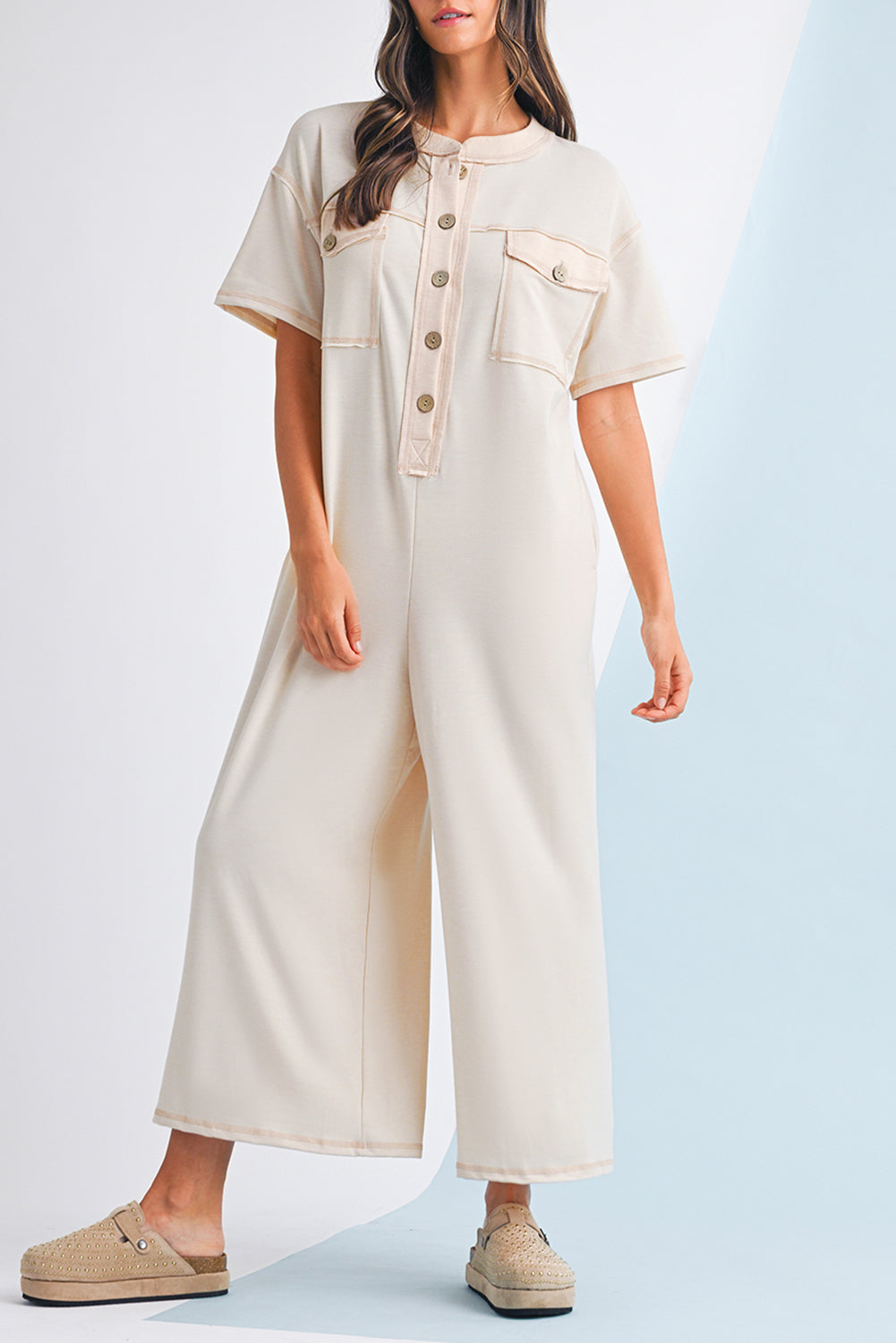 Beau Blue Patchwork Pocket Short Sleeve Jumpsuit