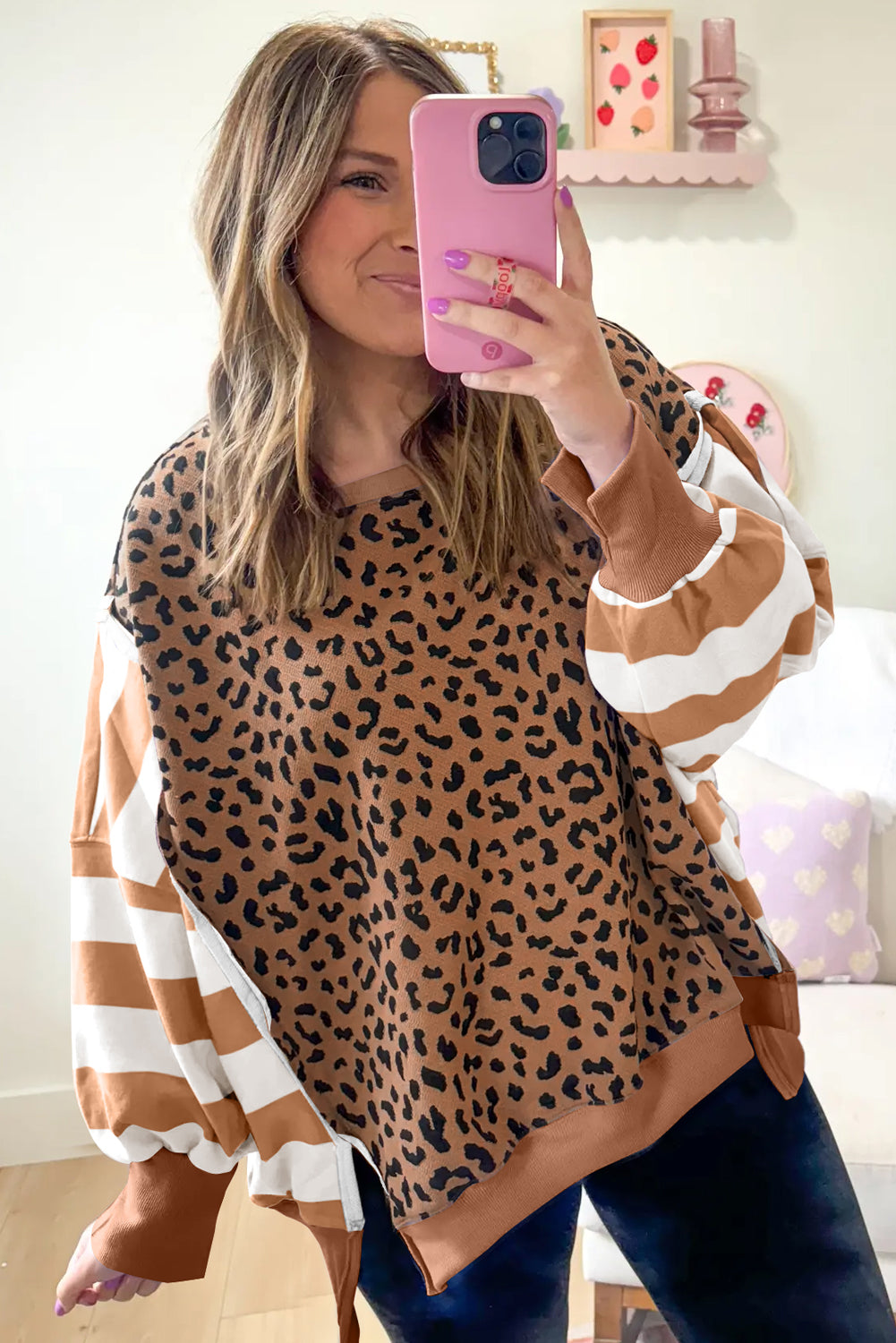 Khaki Stripe Color Block Patchwork Leopard Casual Sweatshirt with Slits