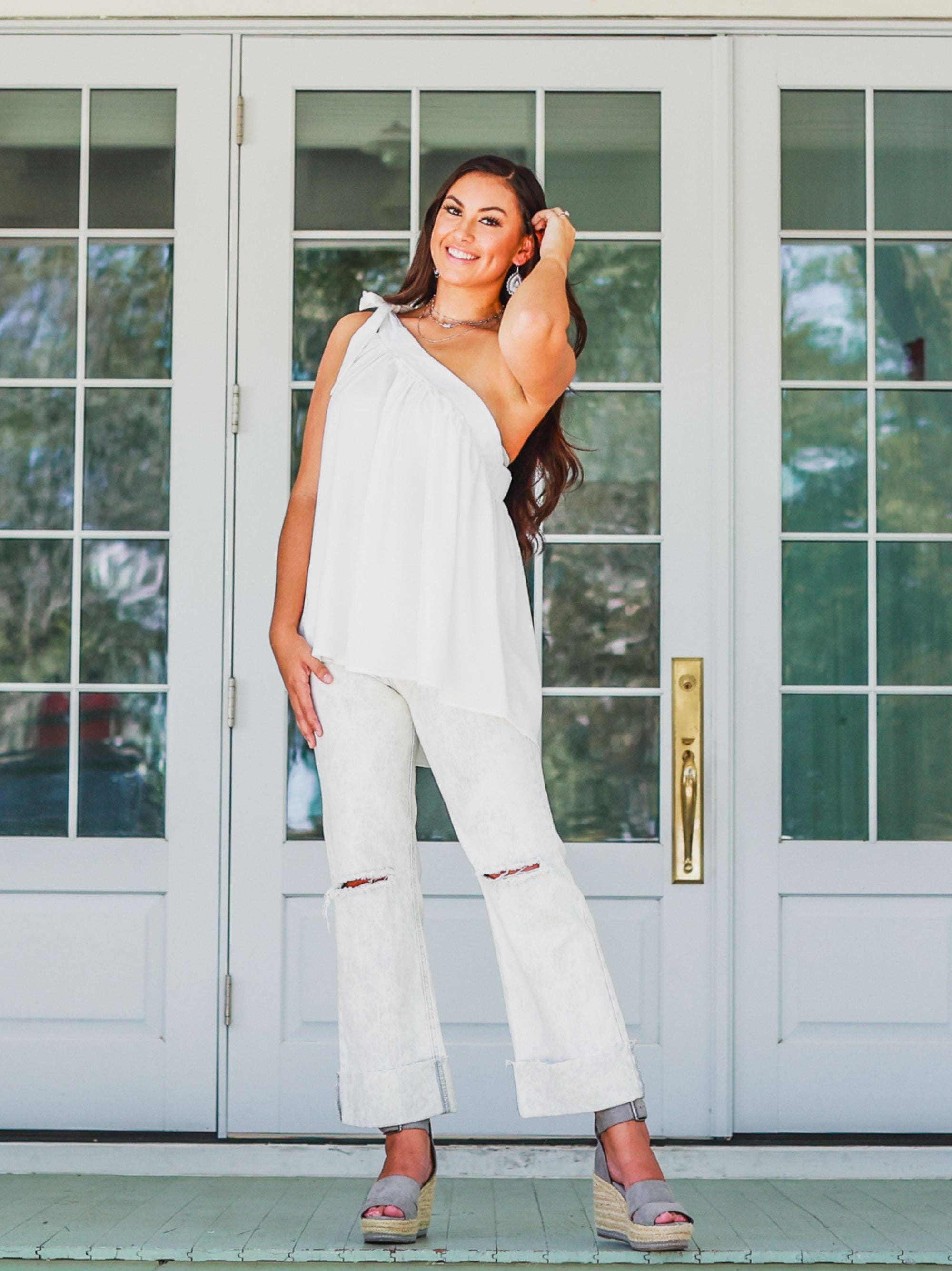 Game Day Bliss Tie Shoulder Top