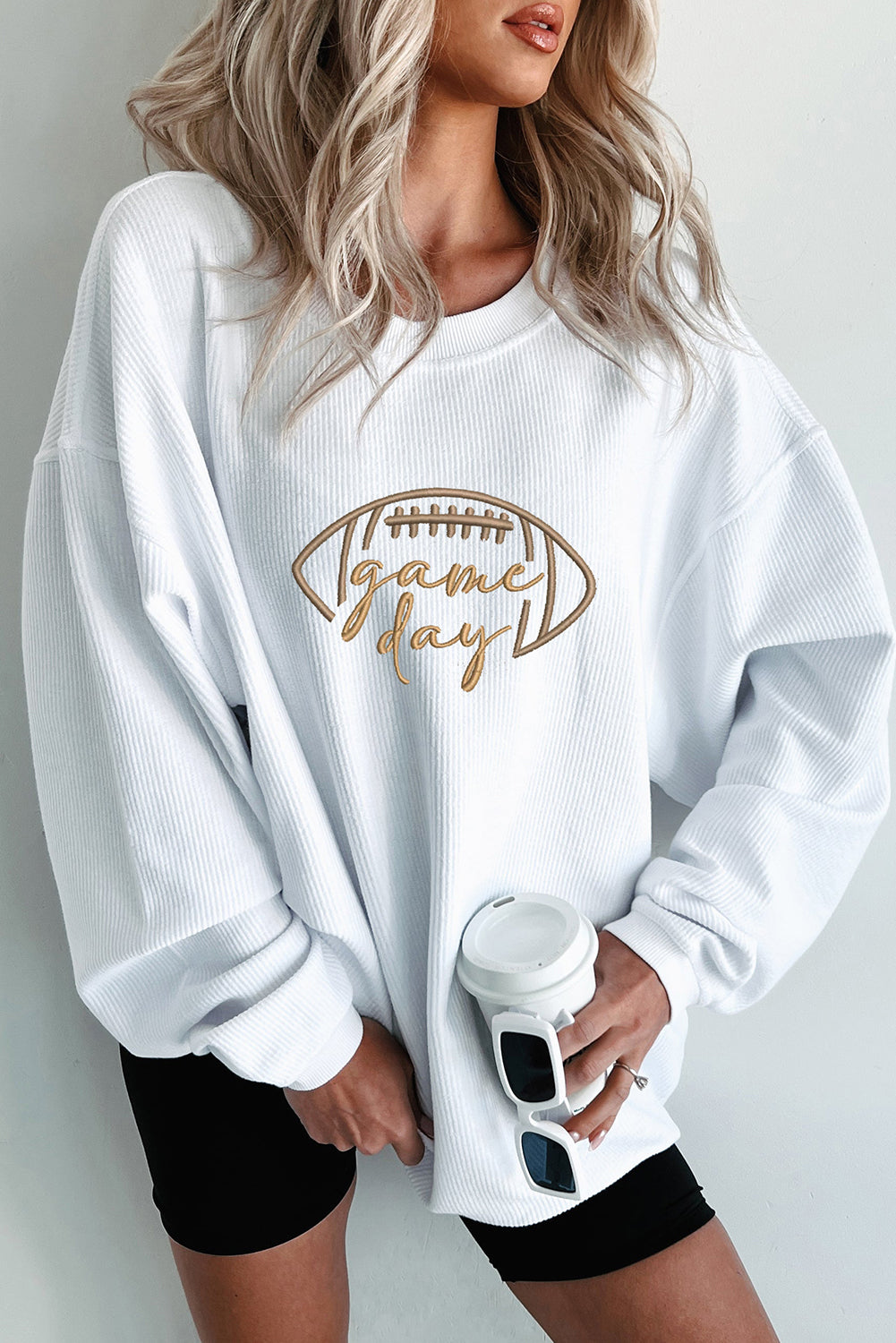 White Football Graphic Drop Shoulder Game Day Corded Sweatshirt