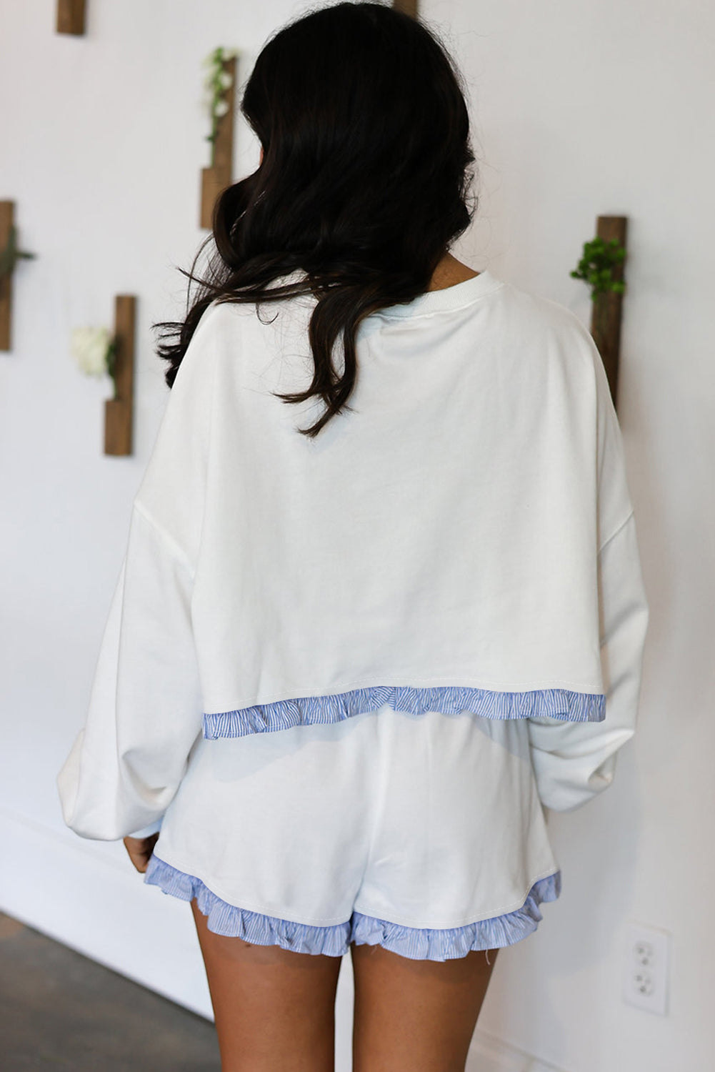 White Striped Ruffle Hem Long Sleeve Pullover and Shorts Set