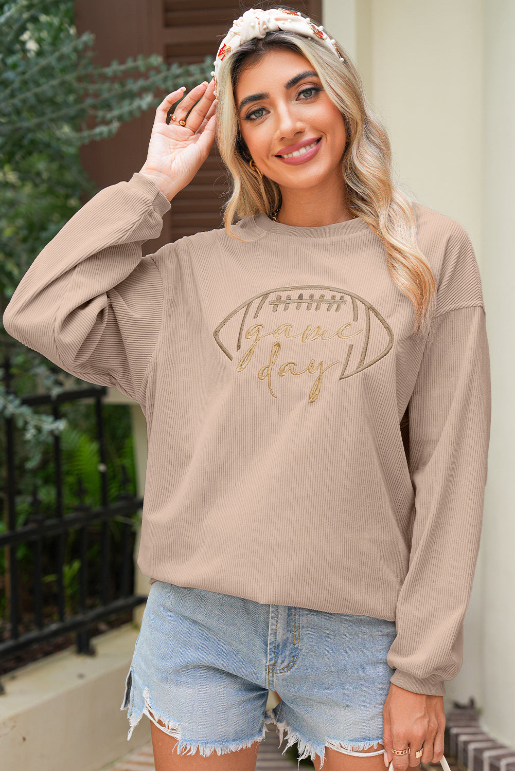 White Football Graphic Drop Shoulder Game Day Corded Sweatshirt