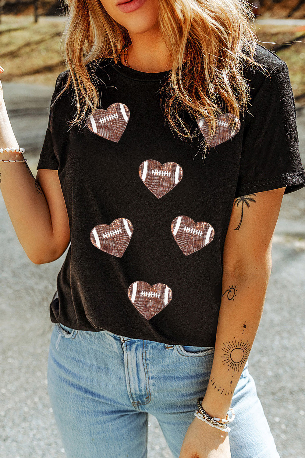 For The Love Of Football Sequin Heart Patched Graphic Tee