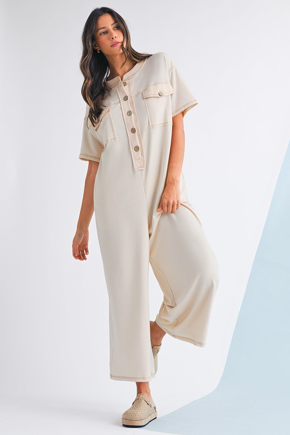 Beau Blue Patchwork Pocket Short Sleeve Jumpsuit