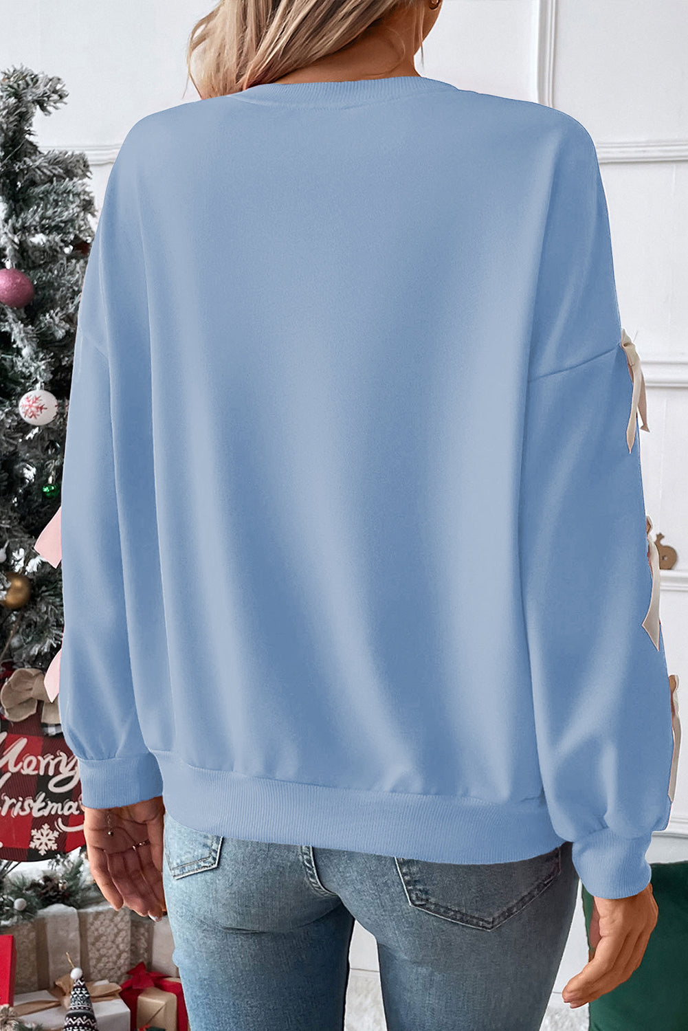 Fiery Red Sweet Bowknot Round Neck Sweatshirt