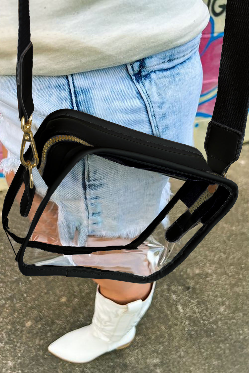 Black Clear PVC Wide Strap Crossbody Bag