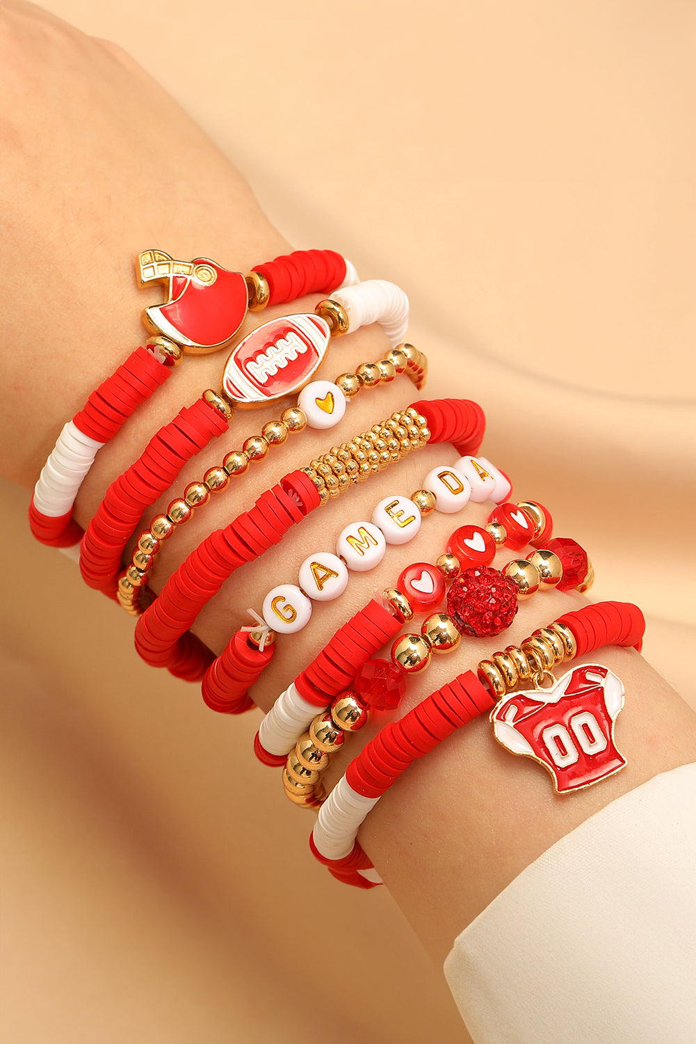 Fiery Red GAME DAY Football Halmet Beaded Bracelet Set