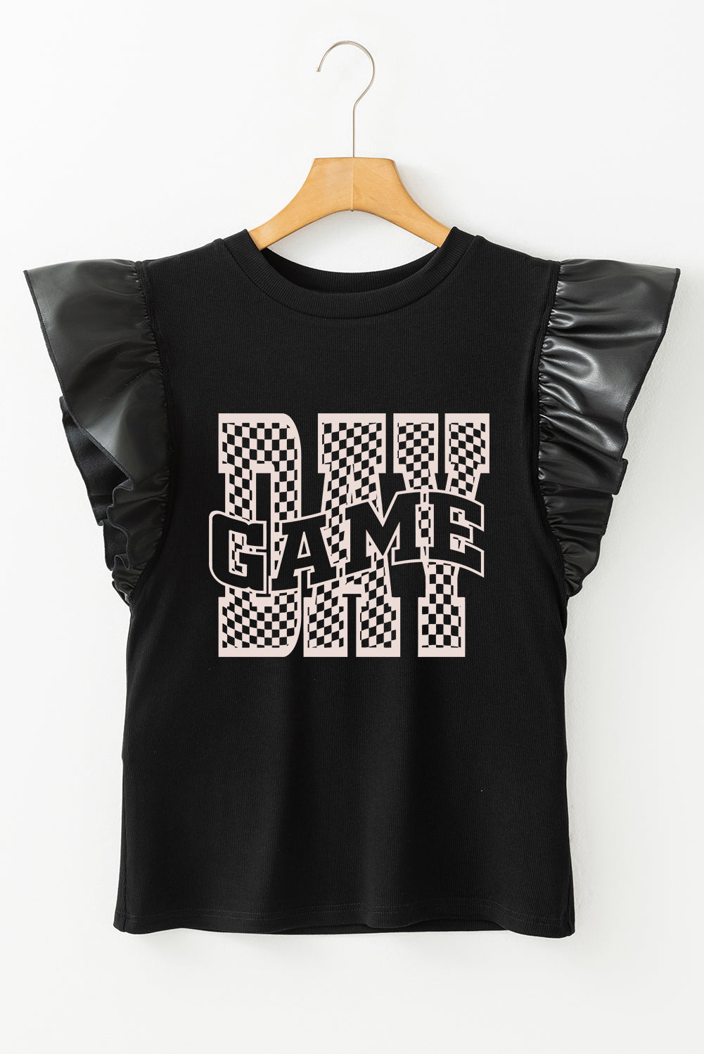Black GAME DAY Checkered Letter Ruffle Sleeve Top
