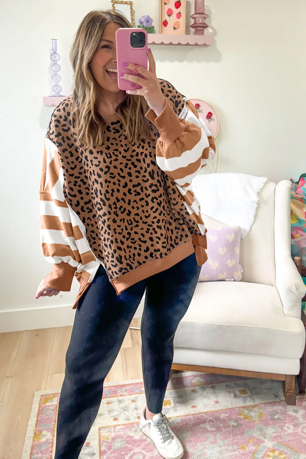 Khaki Stripe Color Block Patchwork Leopard Casual Sweatshirt with Slits