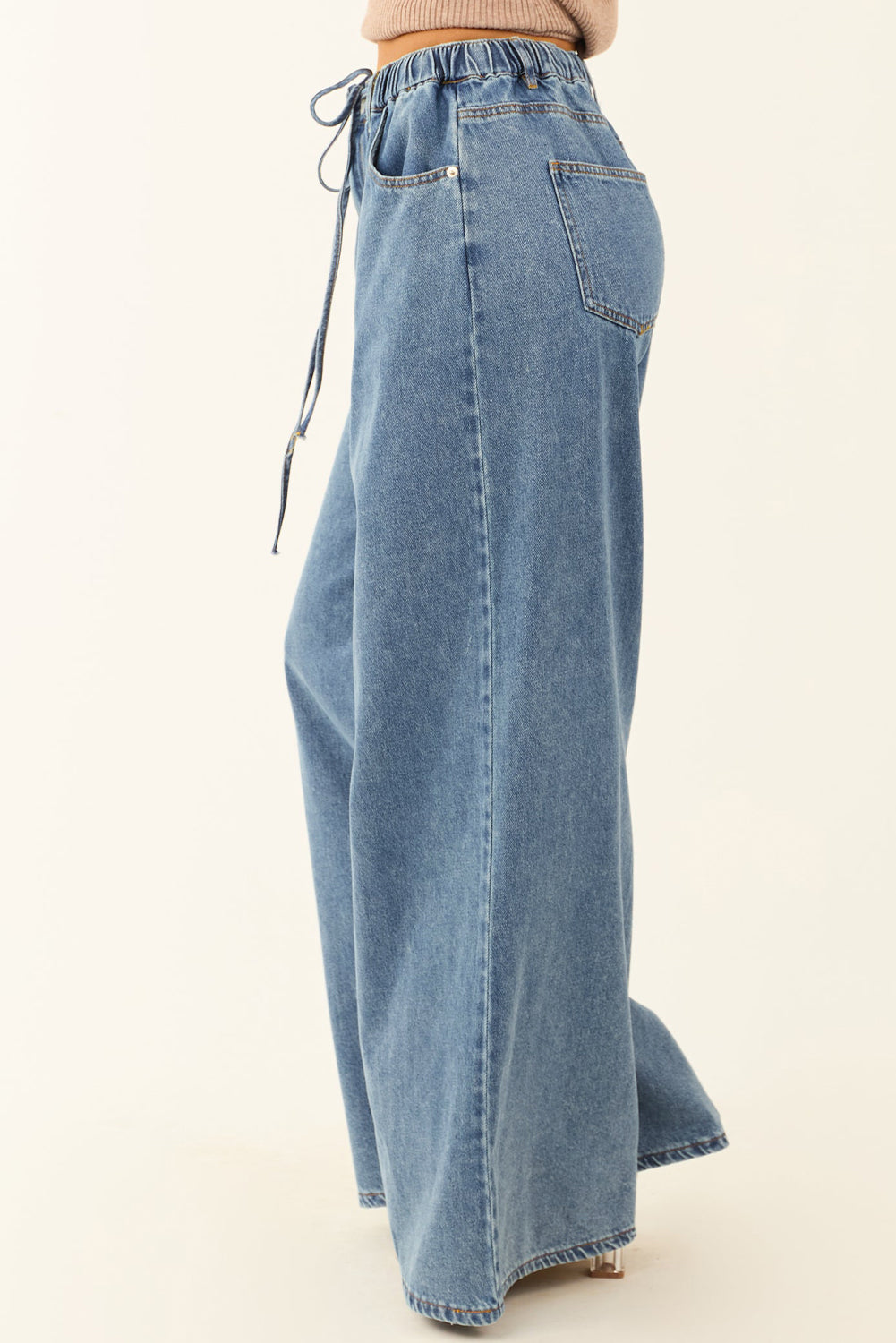 Dusk Blue Medium Wash Drawstring Waist Wide Leg Jeans