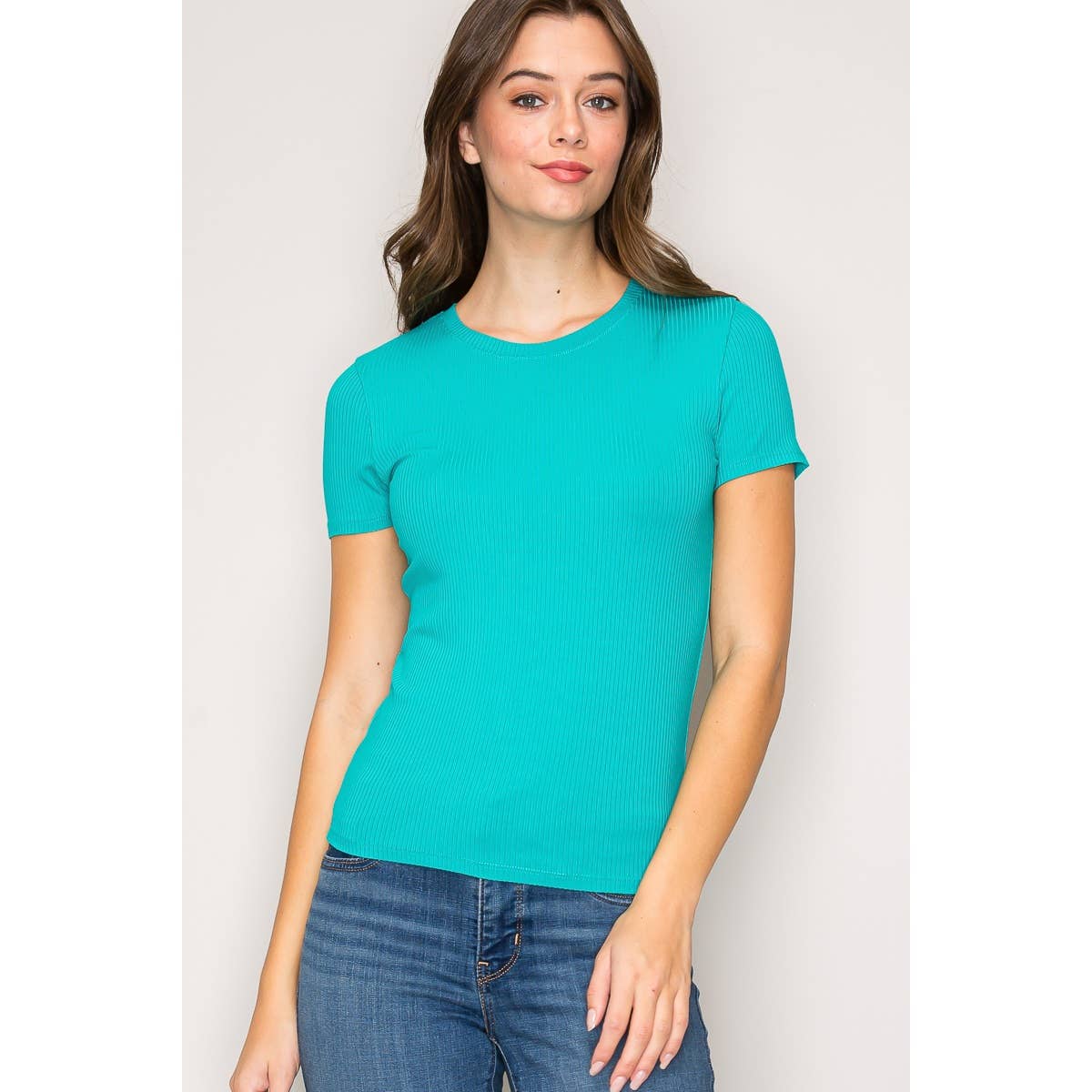 Timeless Short Sleeve Ribbed Tee with Classic Crew Neck in Rayon.