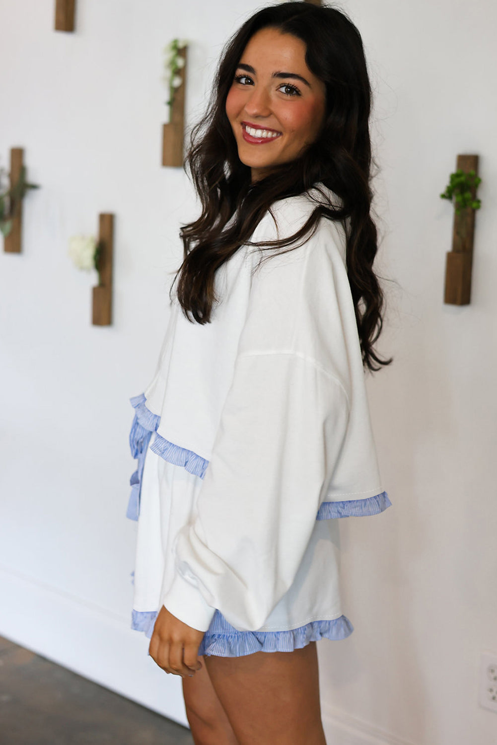 White Striped Ruffle Hem Long Sleeve Pullover and Shorts Set