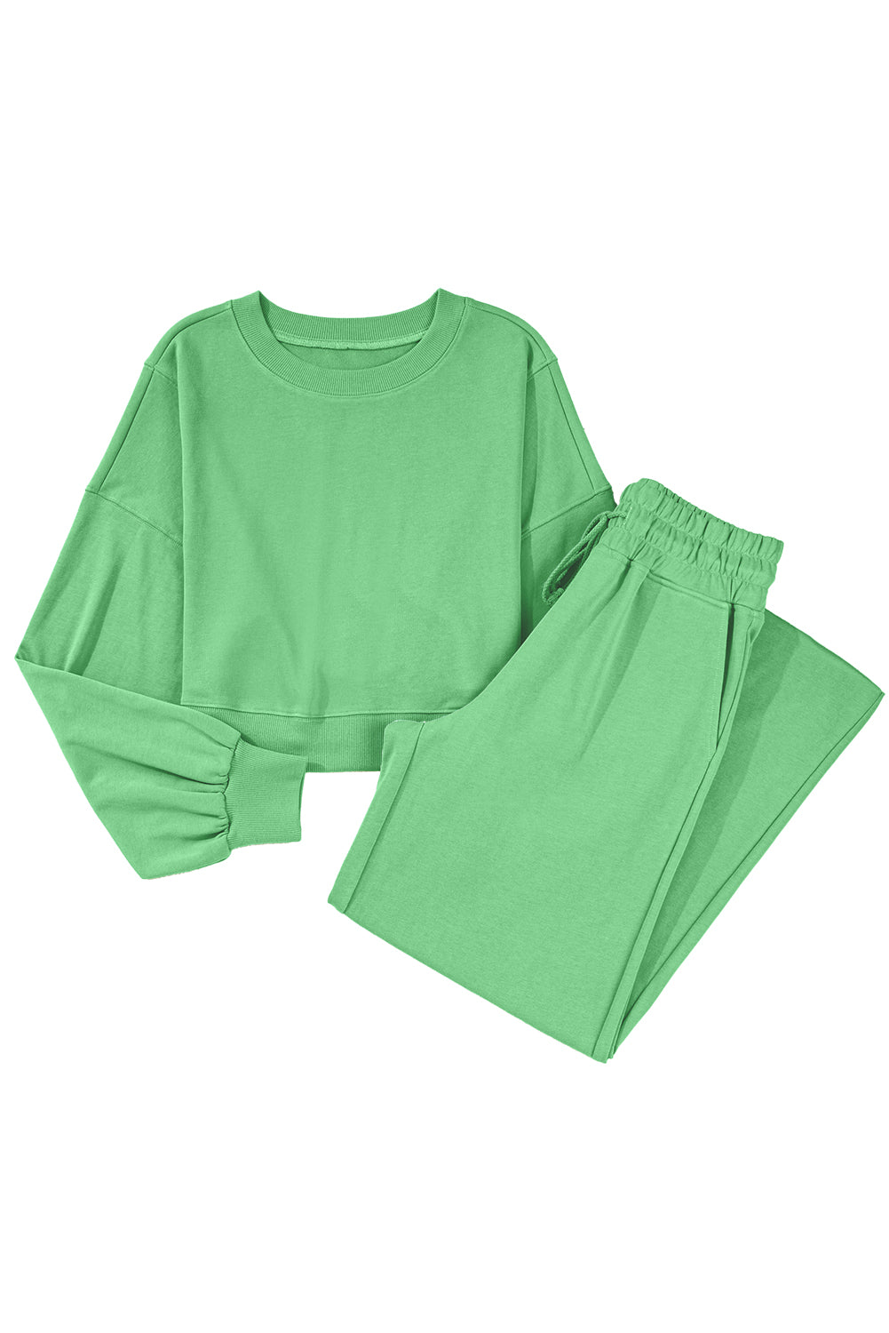 Bright Green Drop Shoulder Crop Pullover Drawstring Wide Leg Pants Set