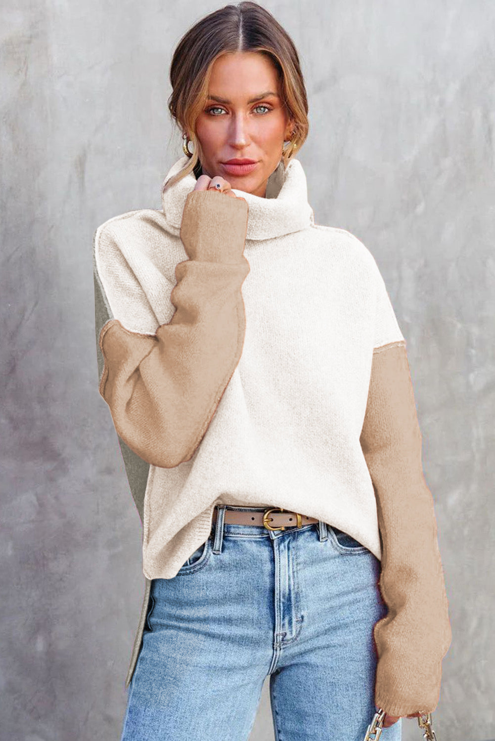Pale Chestnut Color Block Turtle Neck Drop Shoulder Knit Sweater