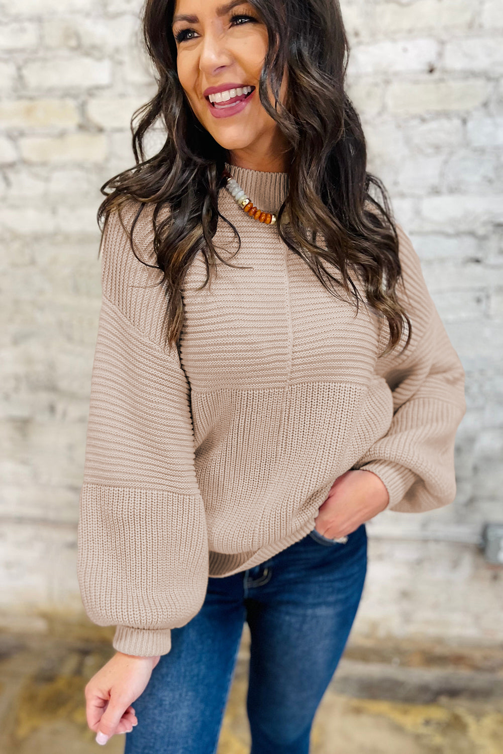 Parchment Mixed Texture Patchwork Knitted Lantern Sleeve Sweater