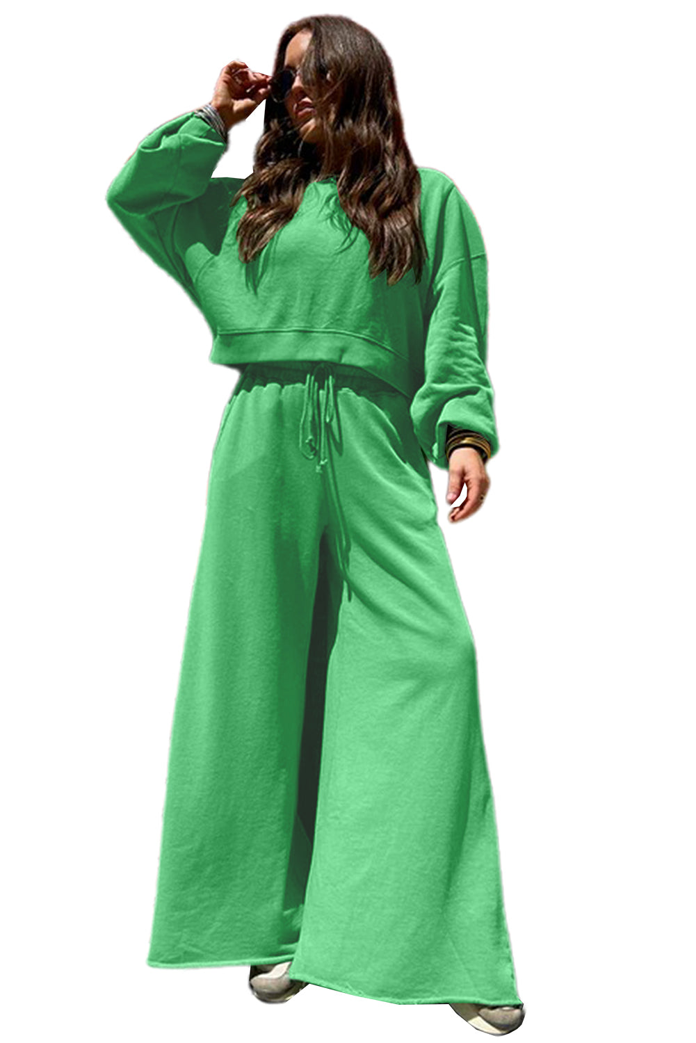 Bright Green Drop Shoulder Crop Pullover Drawstring Wide Leg Pants Set