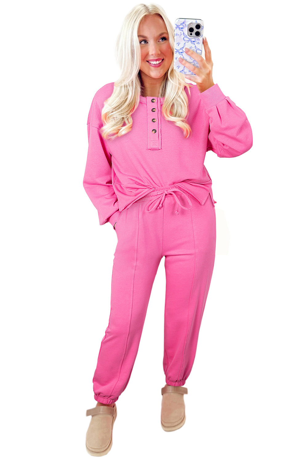 Bright Pink Raw Edge Henley Pullover and Jogger Pants Set