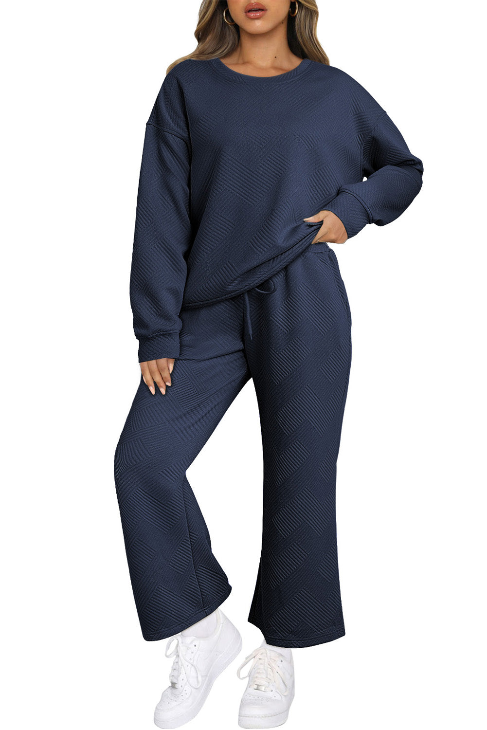 Black Textured Loose Slouchy Long Sleeve Top and Pants Set