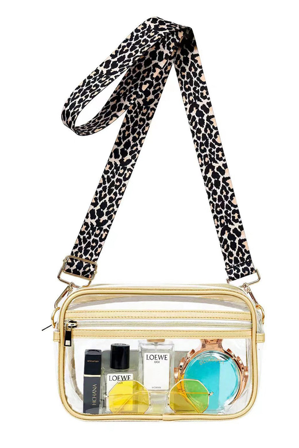 Gold Clear PVC Leopard Shoulder Strap Crossbody Bag