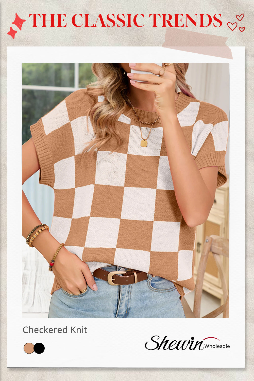 Light French Beige Checkered Knit Dolman Short Sleeve Sweater