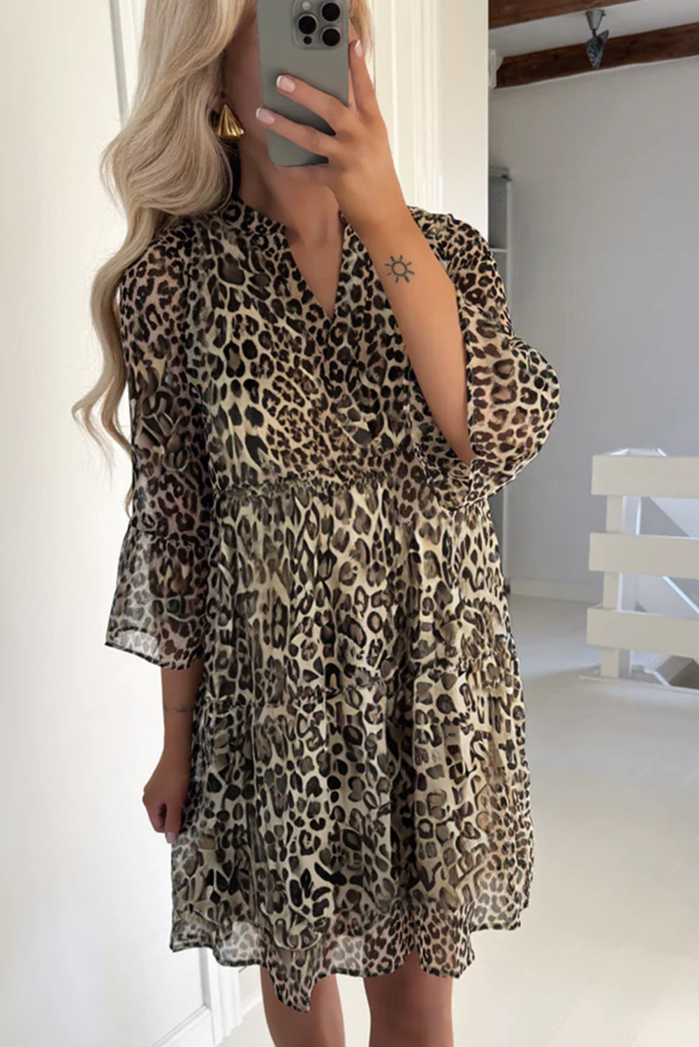 Khaki Leopard 3/4 Sleeve V Neck Swing Dress