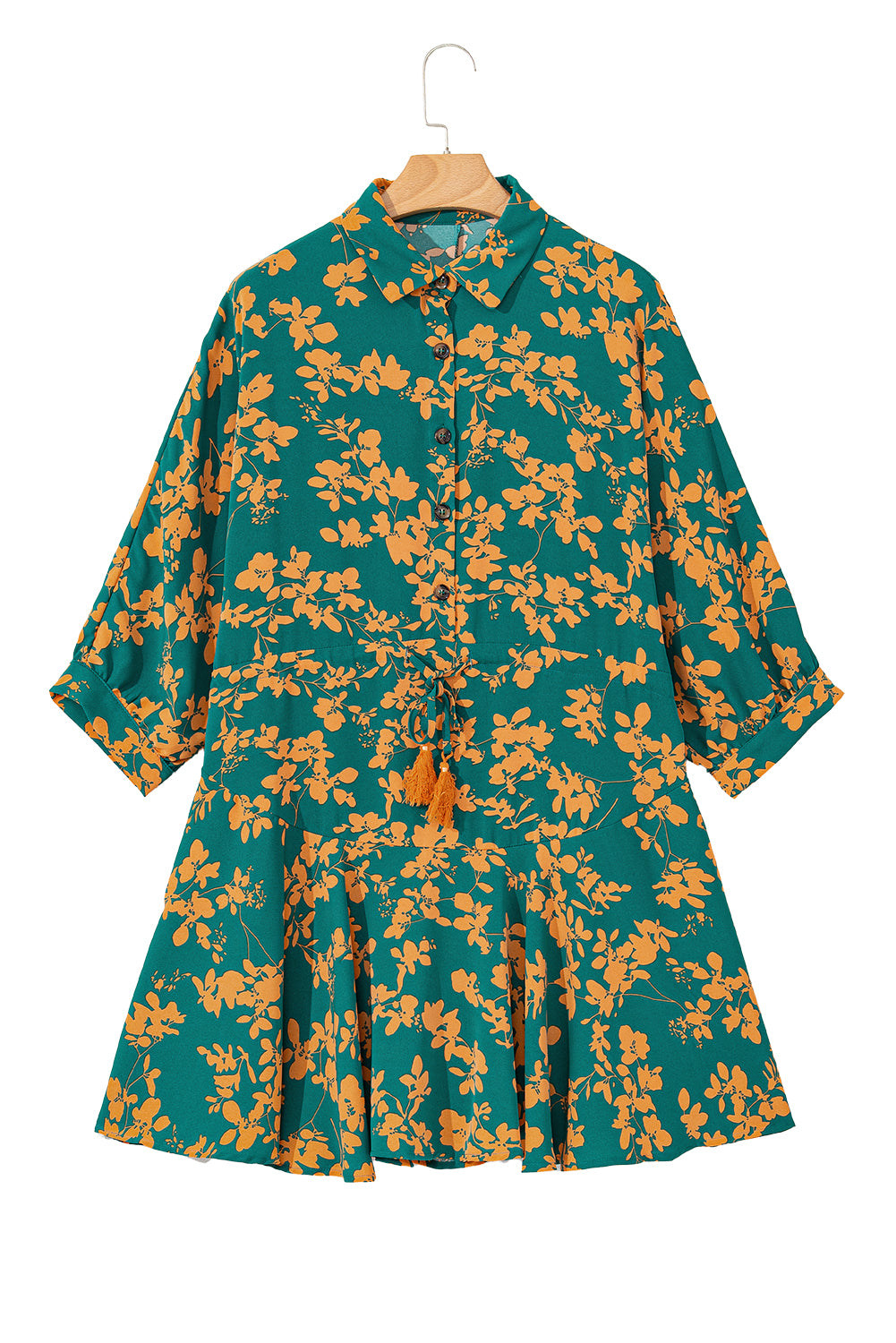 Green Floral Print Drawstring Flowy Short Dress