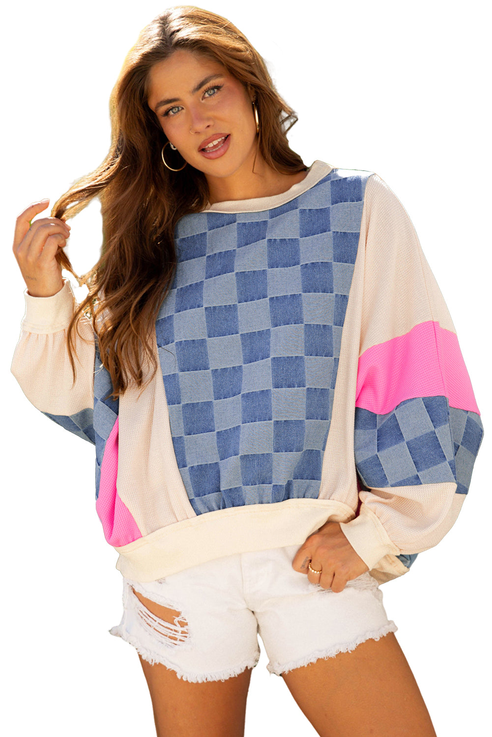 Sky Blue Oversized Checkered Denim Exposed Seam Patchwork Casual Sweatshirt