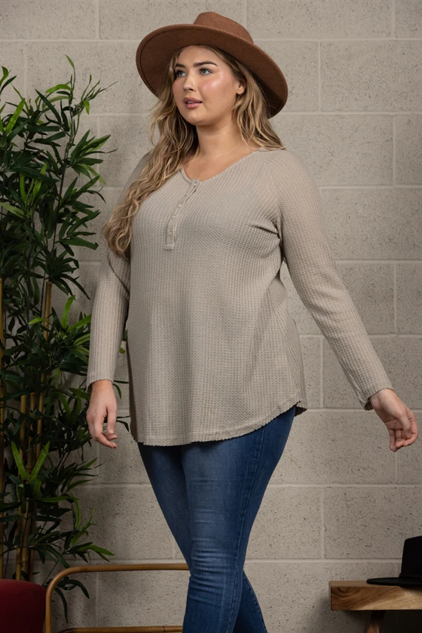 THERMAL WAFFLE KNIT PLUS SIZE HENLEY TOP