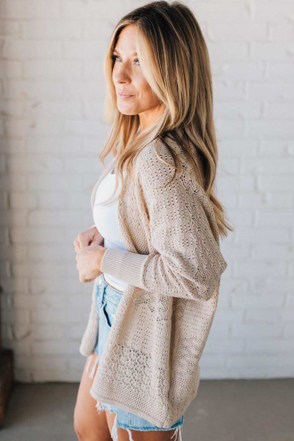 Jet Stream Mix Pattern Hollowed Knit Open Front Cardigan