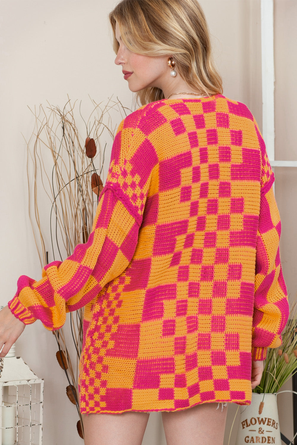 Smoke Gray Colorblock Checked Open Front Knitted Cardigan