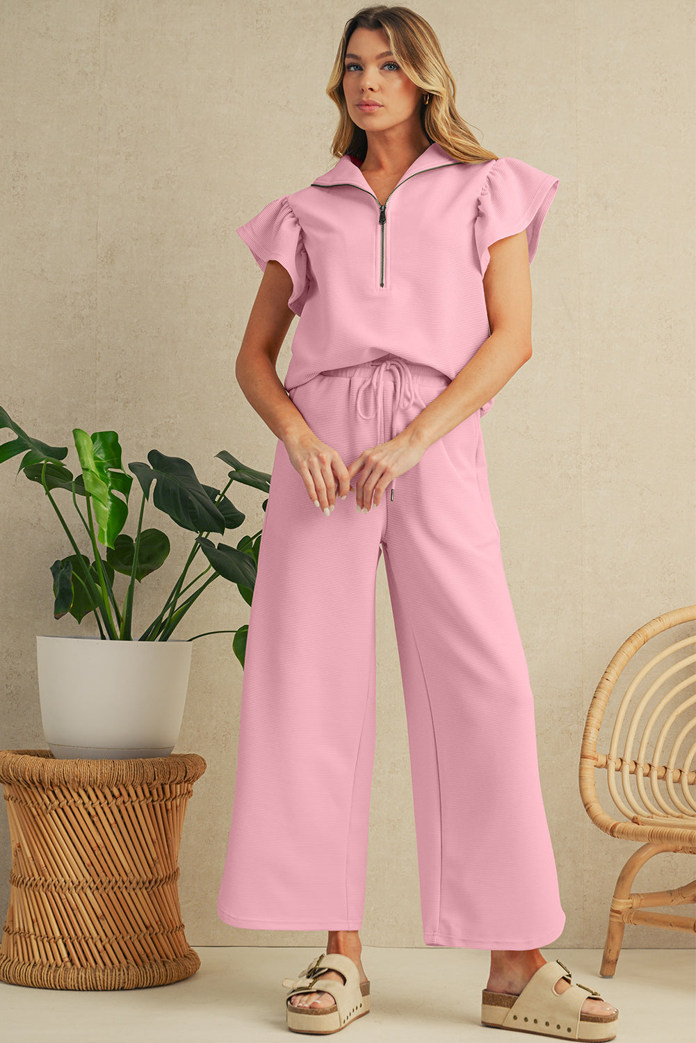 Black Textured Ruffle Sleeve Zipped Top and Wide Leg Pants Set