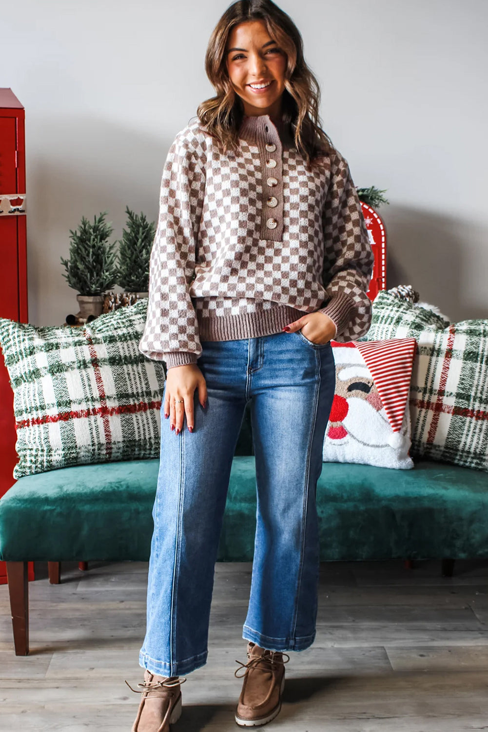 Dark Brown Plaid Contrast Trim Button Neck Sweater