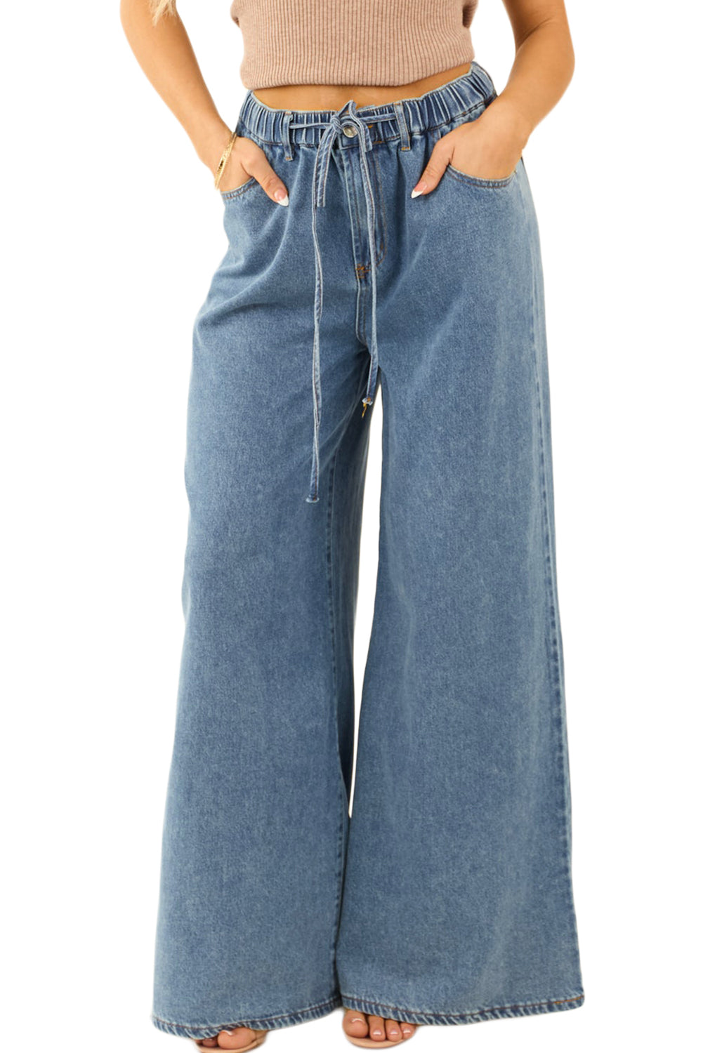 Dusk Blue Medium Wash Drawstring Waist Wide Leg Jeans