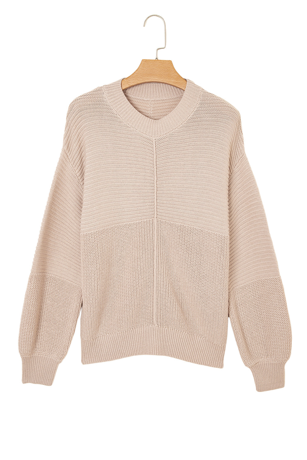 Parchment Mixed Texture Patchwork Knitted Lantern Sleeve Sweater