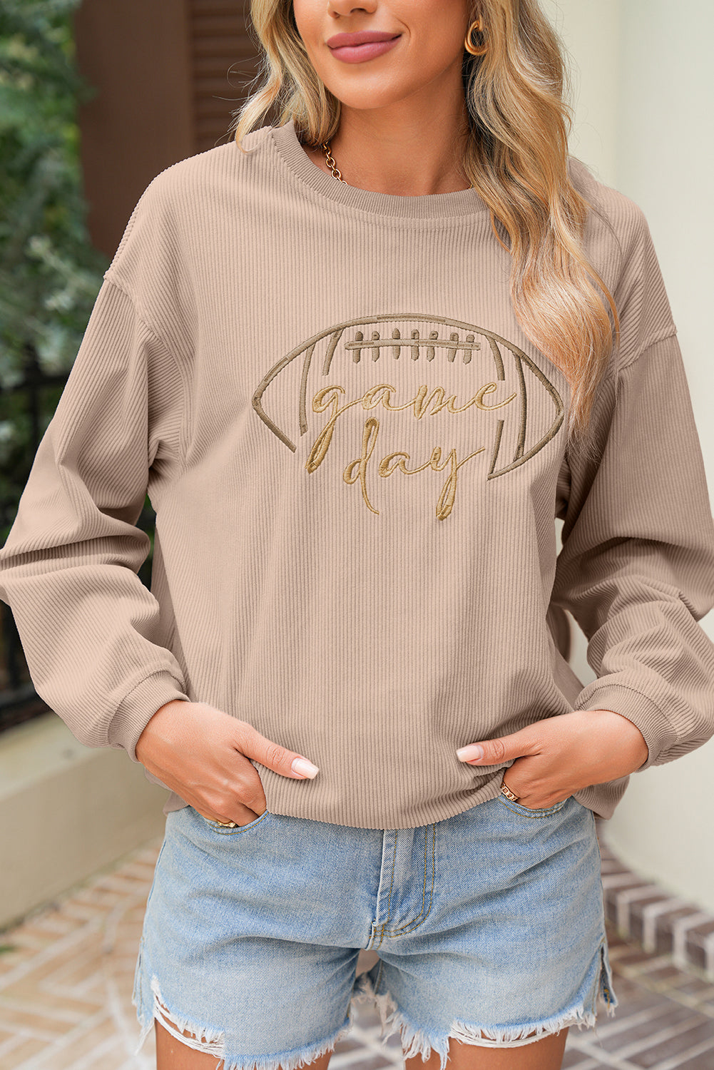White Football Graphic Drop Shoulder Game Day Corded Sweatshirt