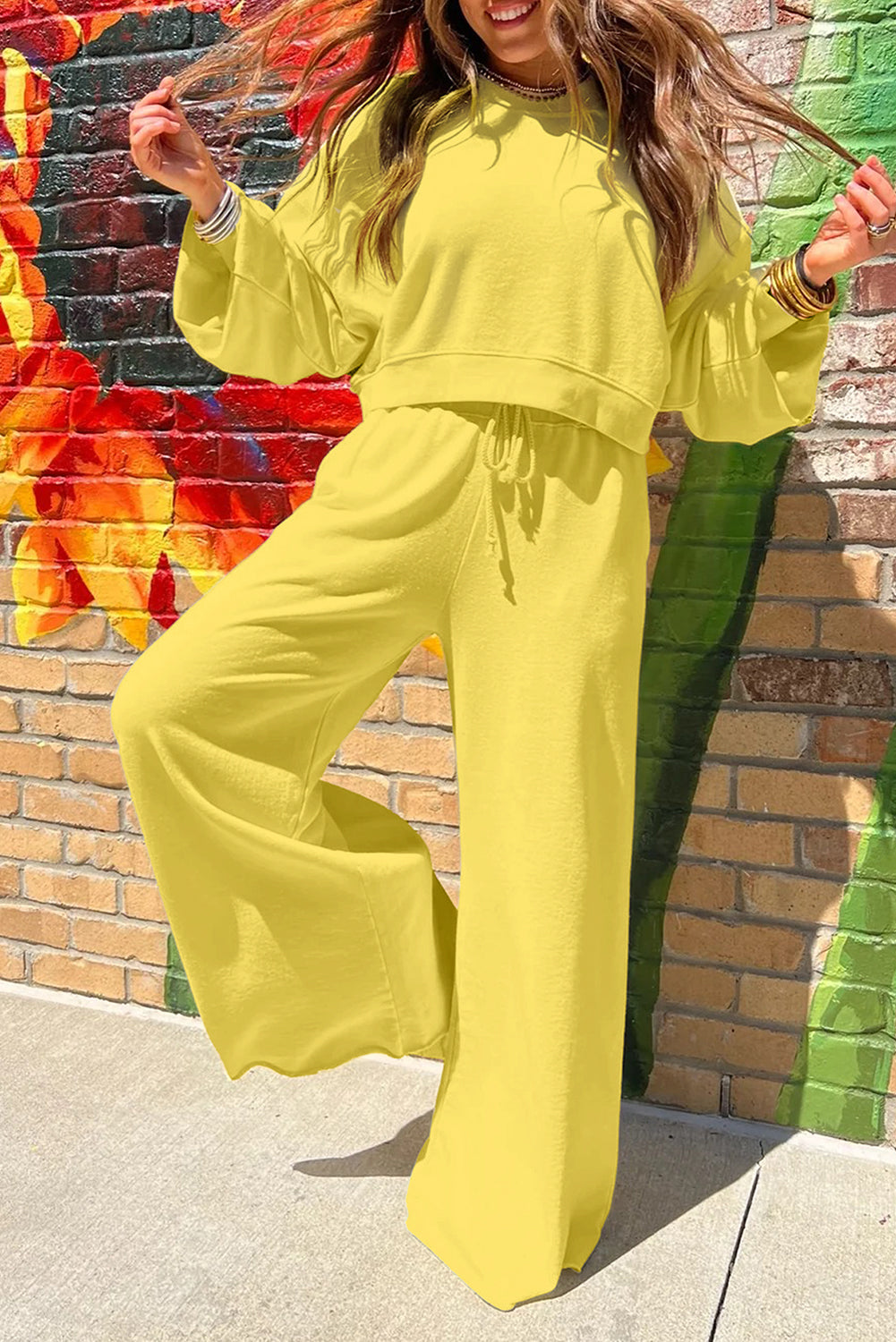 Bright Green Drop Shoulder Puff Sleeve Crop Pullover Drawstring Wide Leg Pants Set