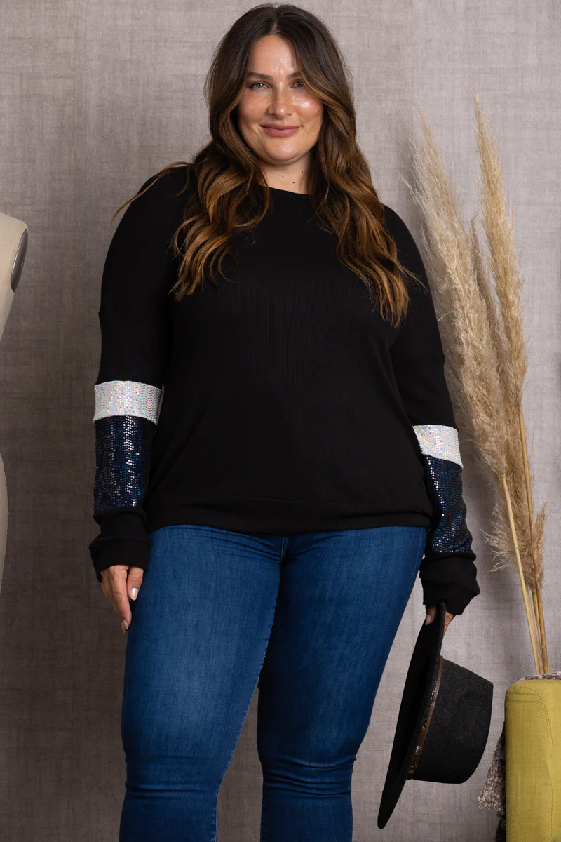 NOIR BLACK RIBBED SEQUENCE LONG SLEEVES PLUS SIZE TOP