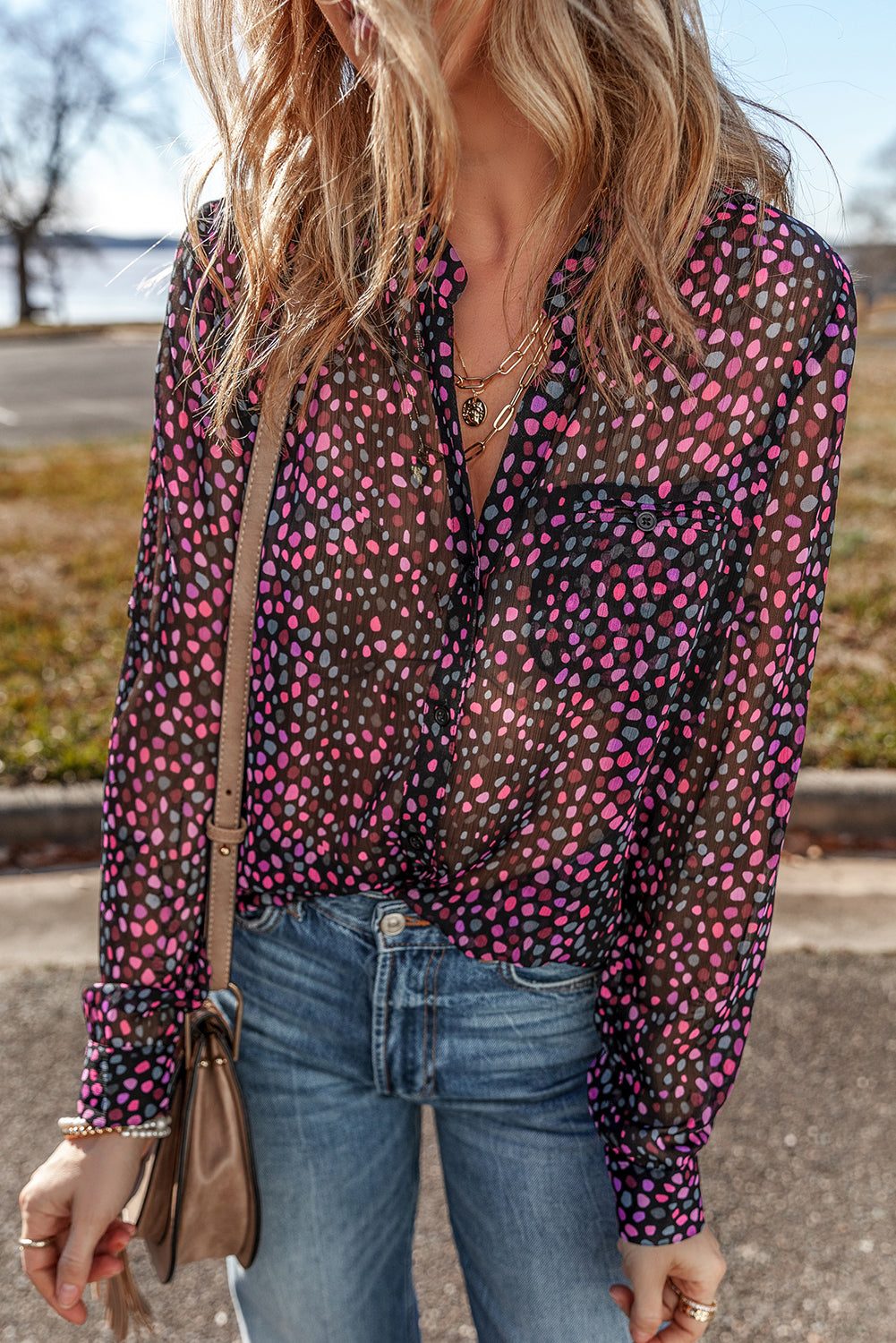 Grape Wine Polka Dot Print Buttoned Shirt