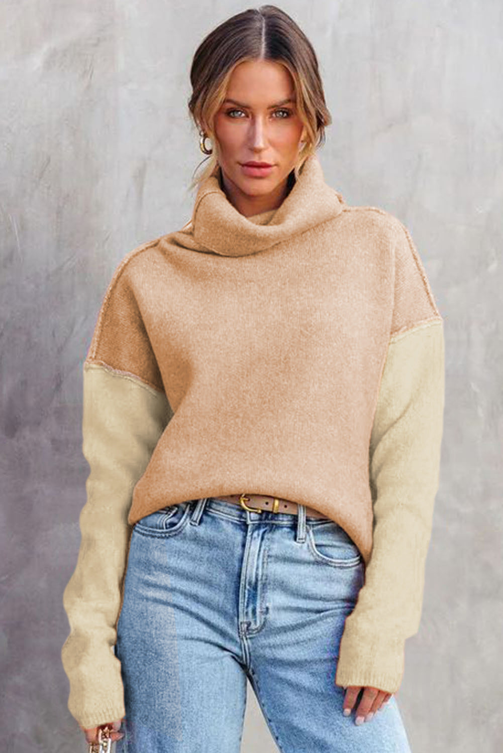 Pale Chestnut Color Block Turtle Neck Drop Shoulder Knit Sweater