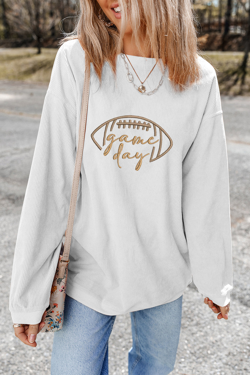 White Football Graphic Drop Shoulder Game Day Corded Sweatshirt