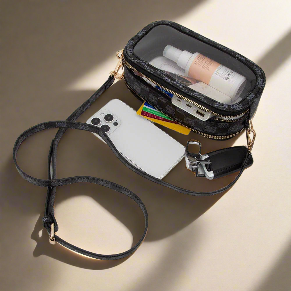 Checker Double Zipper Oval Clear Game Day Crossbody Bag