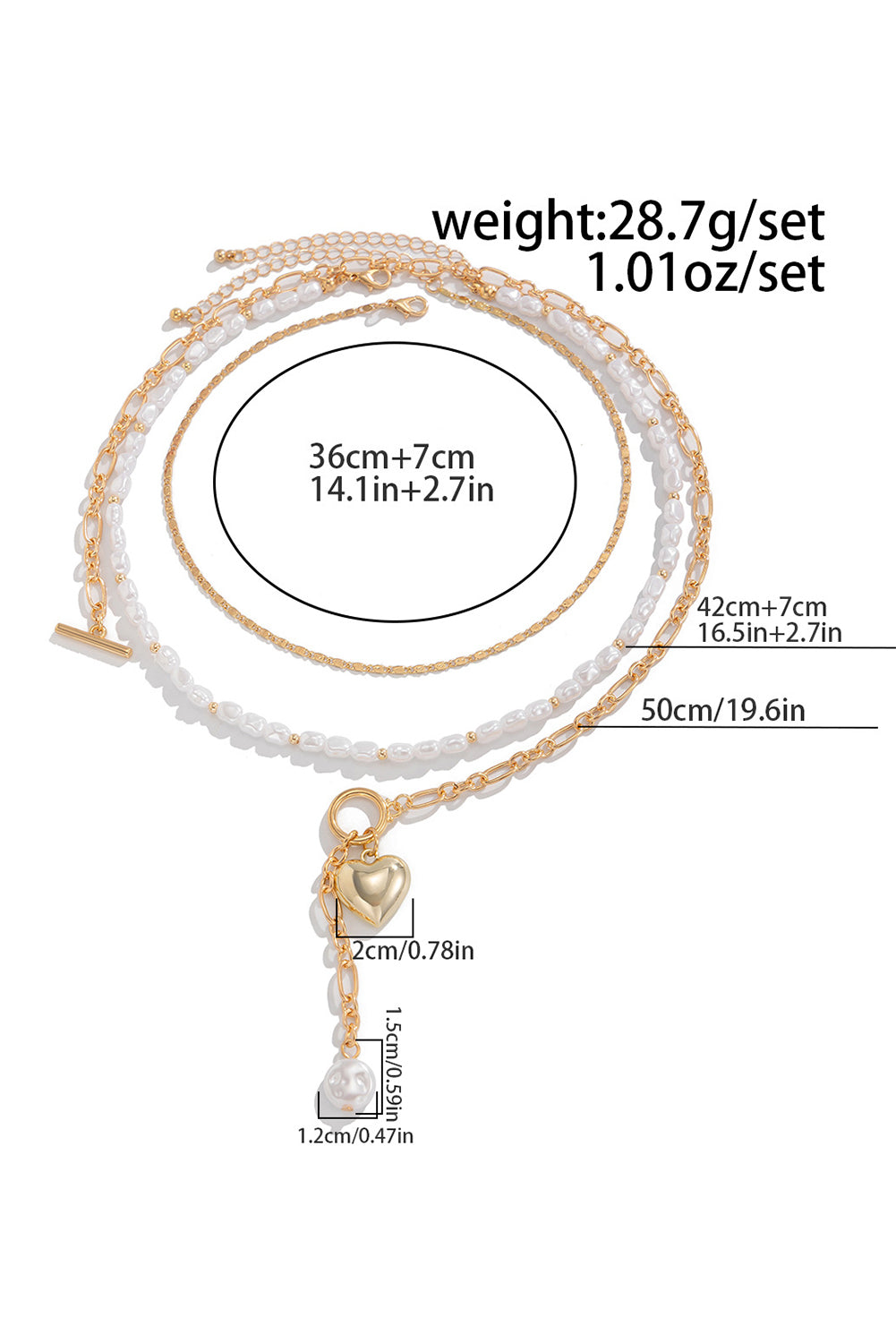 Gold 3pcs Heart Pendant Pearl Necklace Set