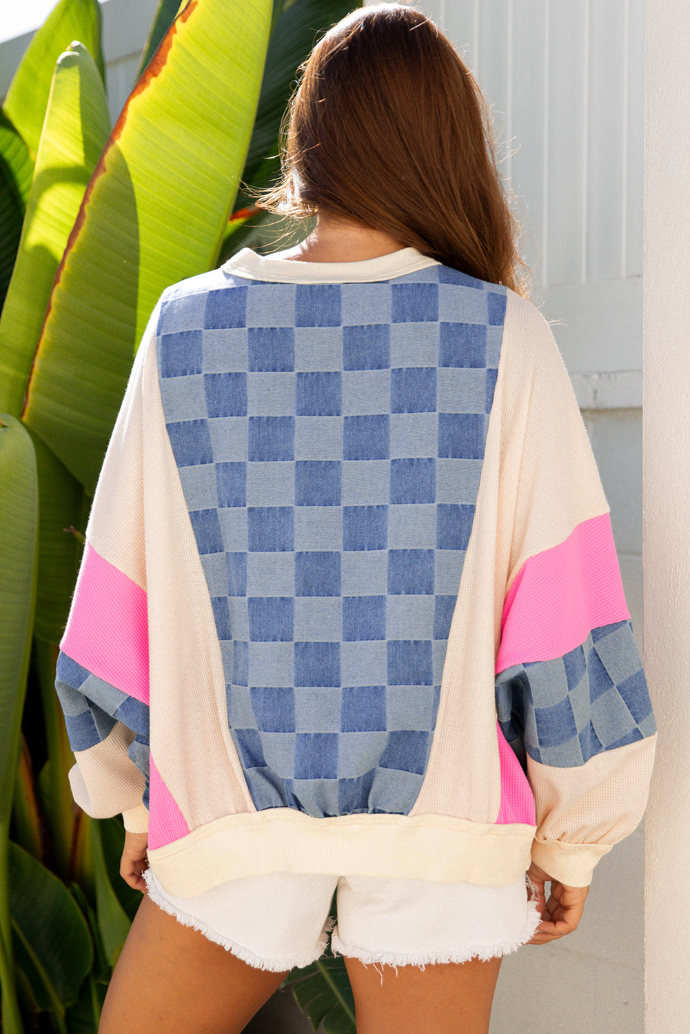 Sky Blue Oversized Checkered Denim Exposed Seam Patchwork Casual Sweatshirt