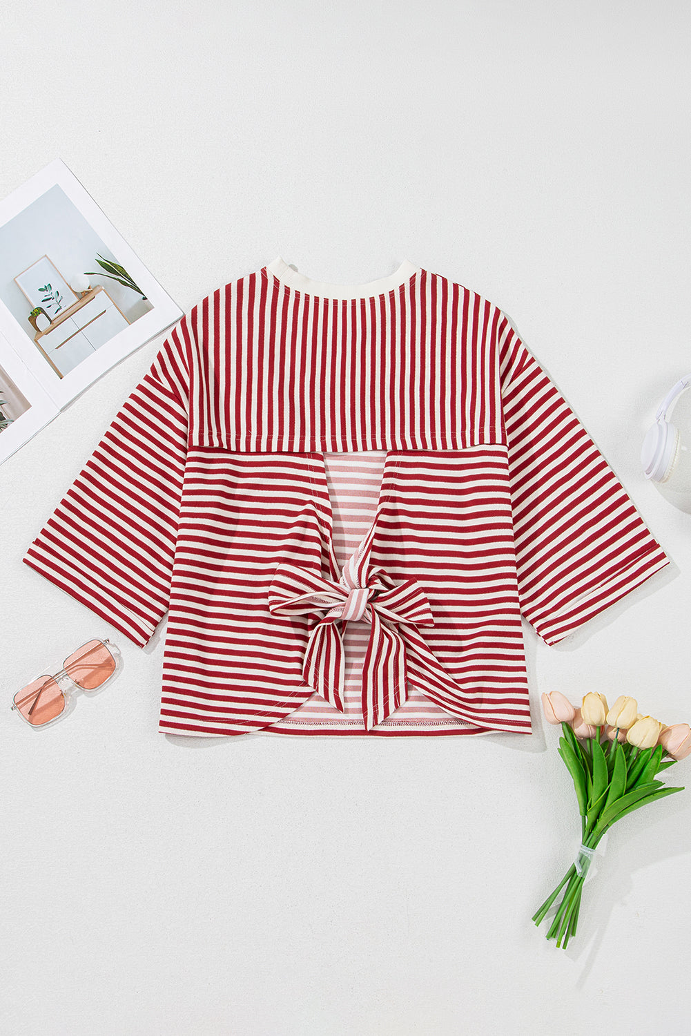 Black Stripe Bowknot Backless T-Shirt
