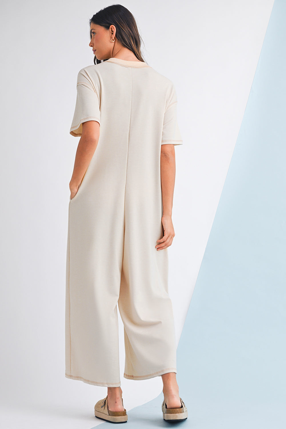 Beau Blue Patchwork Pocket Short Sleeve Jumpsuit